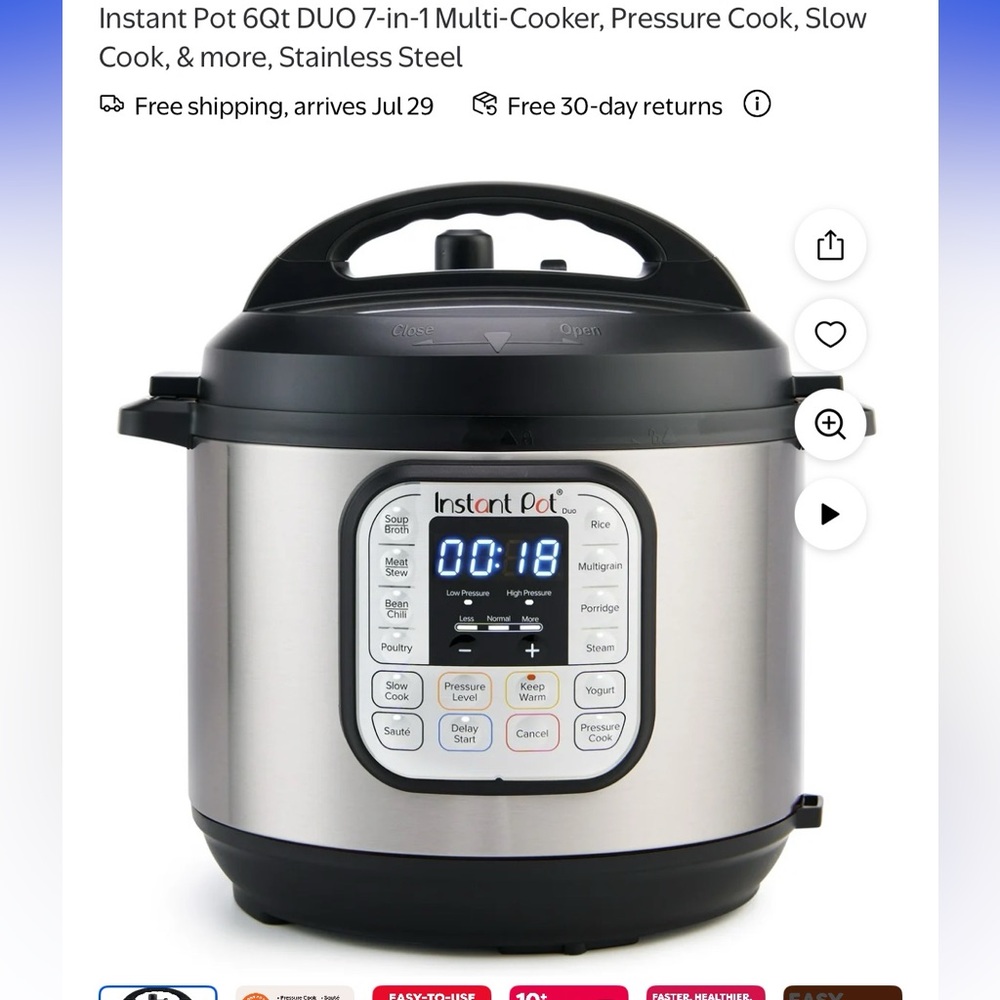 Instant Pot 6Qt DUO 7-in-1 Multi-Cooker, Stainless Steel